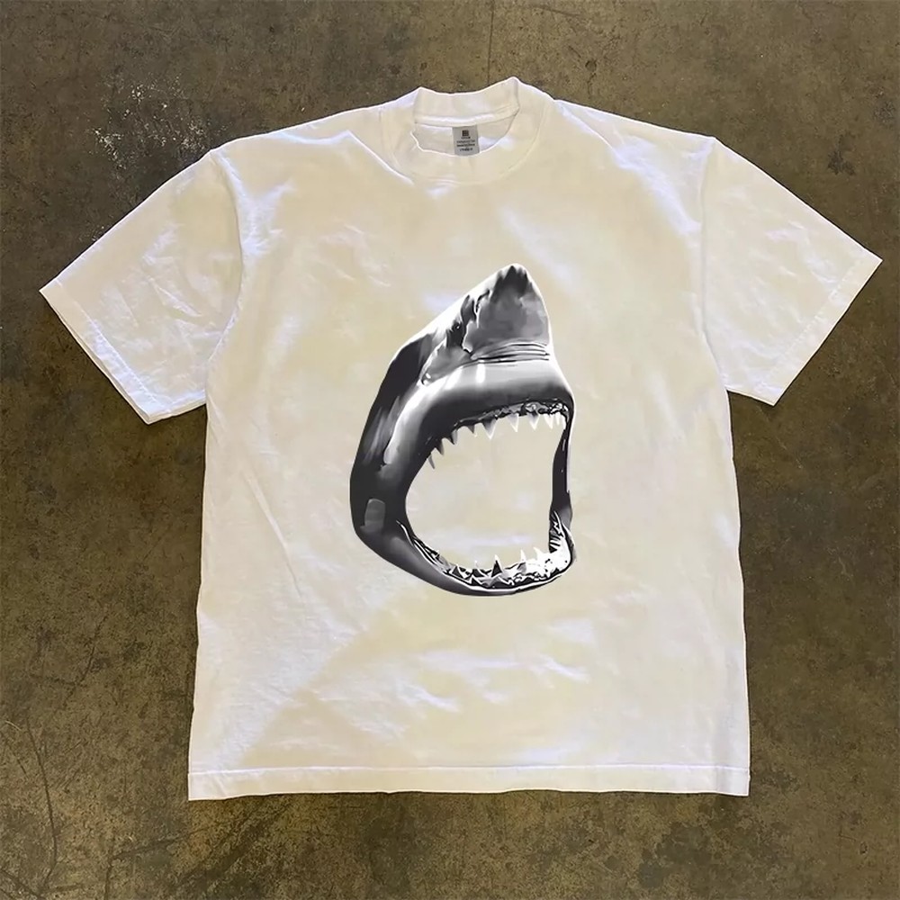 Men'S Fashion Oversized T Shirt - グレートホワイトシャークTシャツ メンズ レディース 3Dグラフィックプリント コットン半袖トップス アメリカンレトロスタイル