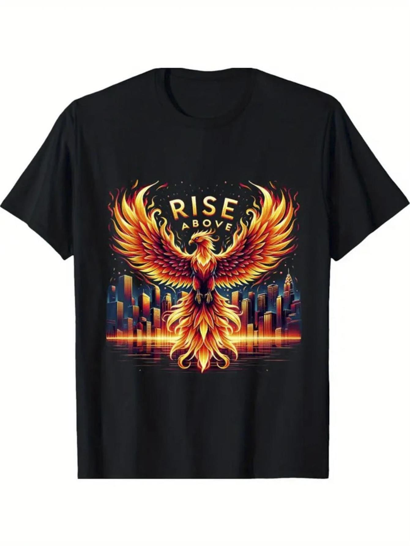 York Men'S Fashion - メンズ フェニックス・フレイム柄Tシャツ - 純綿素材、カジュアルなクルーネック・半袖スタイル。神話の火の鳥とニューヨーク市のスカイラインが織りなす鮮やかなデザインが特徴です。
