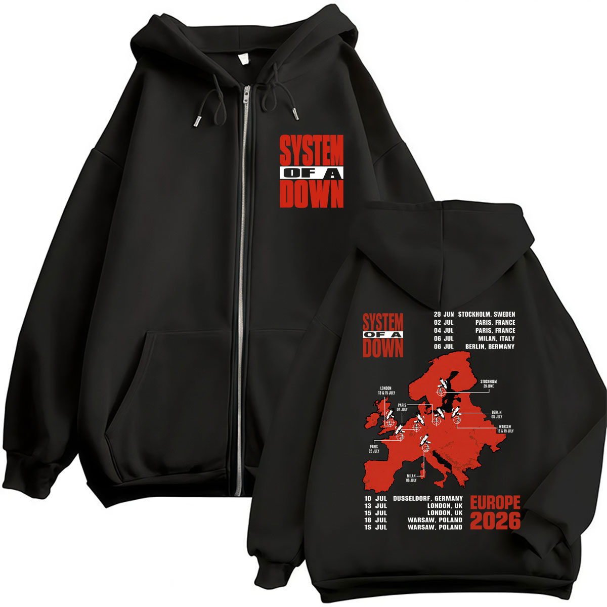 Men'S Fashion Uk 2026 - システム・オブ・ア・ダウン EU＆UKツアー2026 ジッパーフーディー メンズ ゴシックファッション ヒップホップ