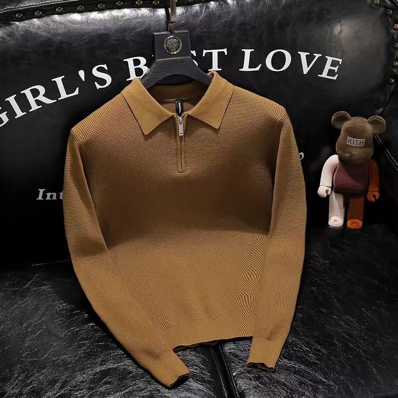 Men'S Fashion Zip Sweater - メンズスタイリッシュなジッパーデザインニットポロシャツ長袖カジュアルソリッドカラールーズニットセータージャケット