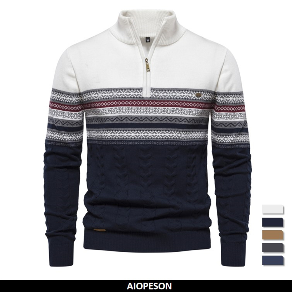 Men'S Fashion Zip Sweater - 2023 新秋高品質ジッパープラー男性暖かい冬の綿のセーター男性エスニックパターンカジュアルメンズセーター