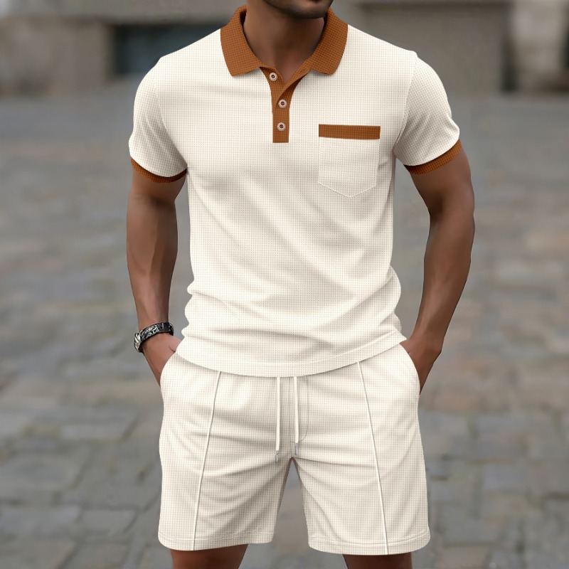 Men'S Fashion Videos - 2026年最新夏メンズファッションカジュアルトレンドスポーツコントラストカラーシャツとドローストリングショーツの2ピースファッションカジュアルセット