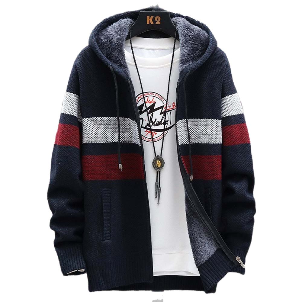 Men'S Fashion Zip Sweater - メンズストライプセーターコート厚いフリース暖かいジッパーウールフード付きカーディガンジャンパー男性長袖ニットセーター