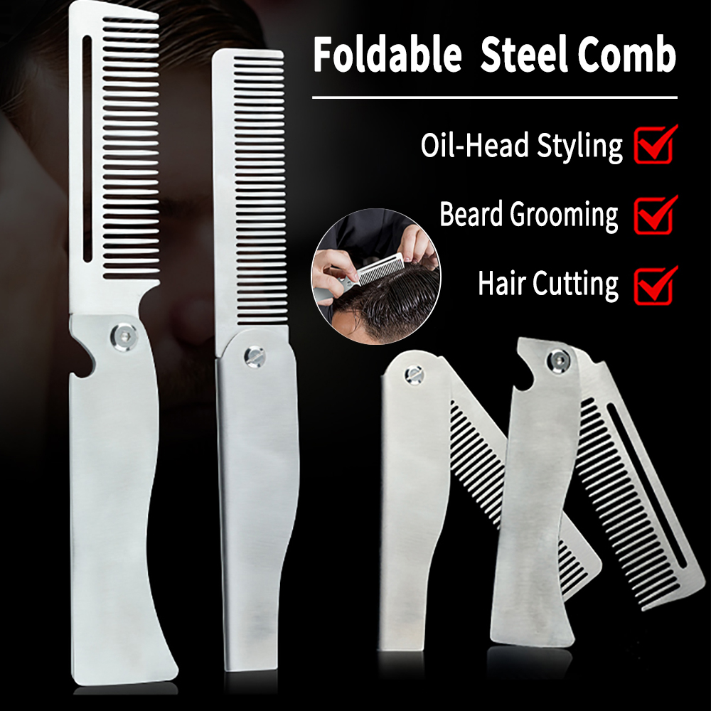 Men Fashion Hair Style - 新型1/2個入り携帯用スチールコーム折りたたみ式ポケット髭コーム男性用オイルヘッドヘアスタイリングコームサロン理髪ツールヘアカット用