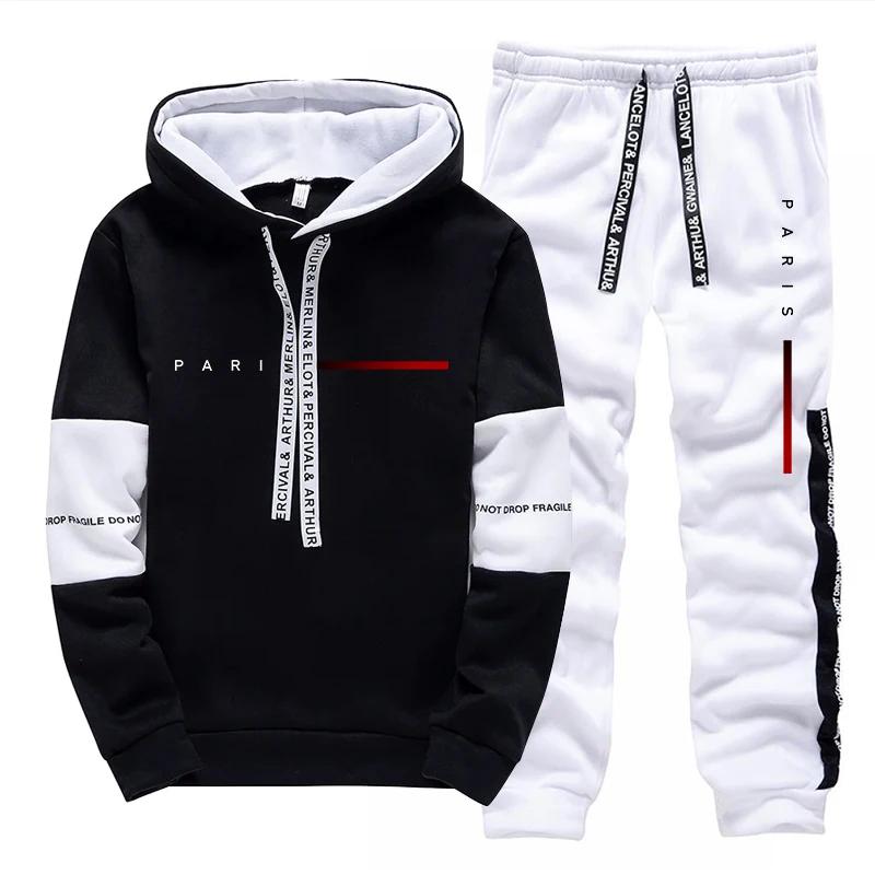 Jogger Sweatpants Men - パリファッションパーカーストリートウェアメンズセットフード付きスウェットシャツスウェットパンツ男性オールシーズンデイリーカジュアルスポーツプルオーバージョガーパンツ