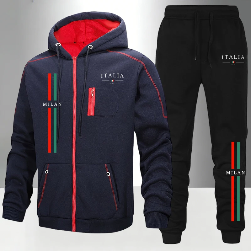 Jogger Sweatpants Men - 秋冬デイリーカジュアルスポーツジョガースポーツウェアメンズセット/コート/パンツ イタリアファッショントラックスーツジッパーフード付きコート＆スウェットパンツ