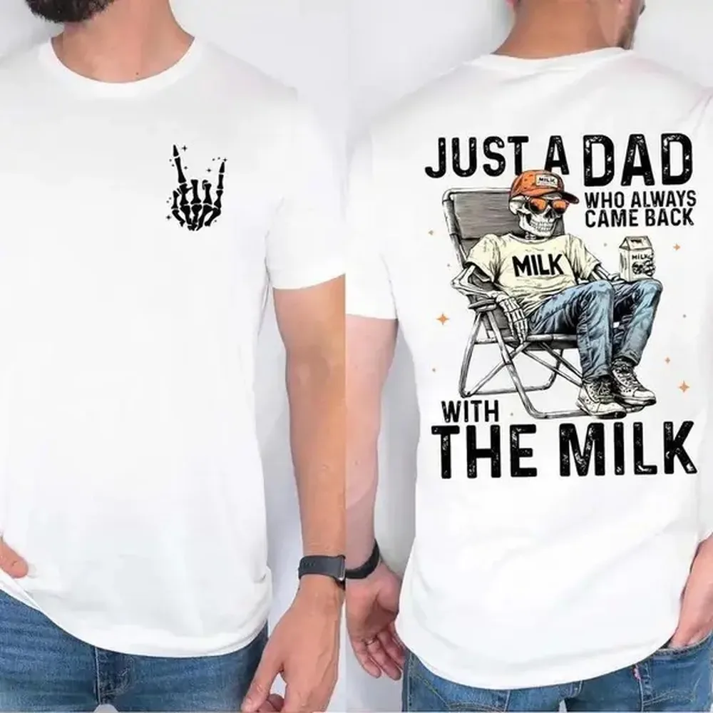 Graphic Tee Oversized - 面白いお父さんスケルトングラフィックTシャツ - 「いつも牛乳を持って戻って来たお父さん」メンズカジュアルTシャツ、プレミアムサマーコットントップ、オーバーサイズストリートウェアシャツ、お父さんへのプレゼントに最適
