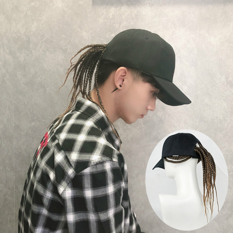 Men Fashion Hair Style - カーリーヘア合成ウィッグ帽子一体型のファッショナブルなカーリーヘアウィッグ（男性用）、ヘッドバンドスタイル、ポニーテールとして直接着用可能