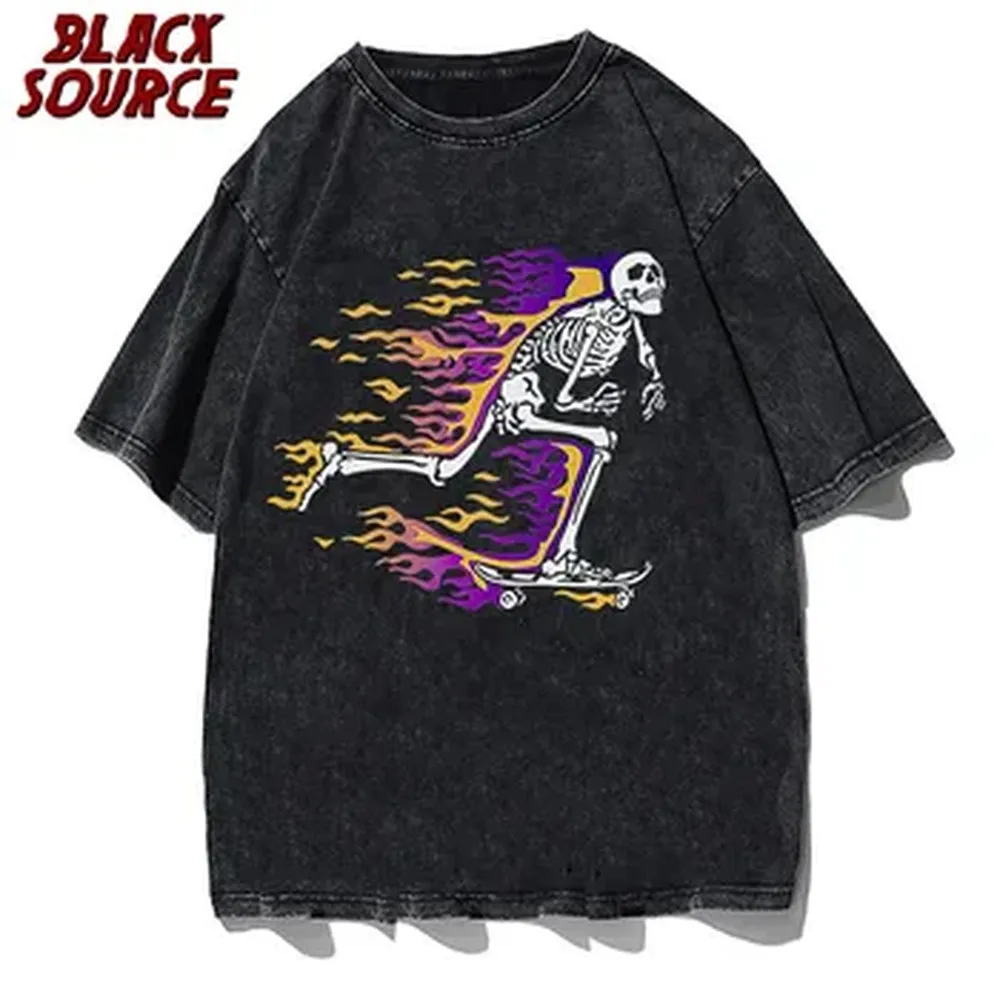 Men'S Fashion Oversized T Shirt - ウォッシュドメンズTシャツ ヴィンテージ ユニセックス ハイストリート ランニング スカル柄