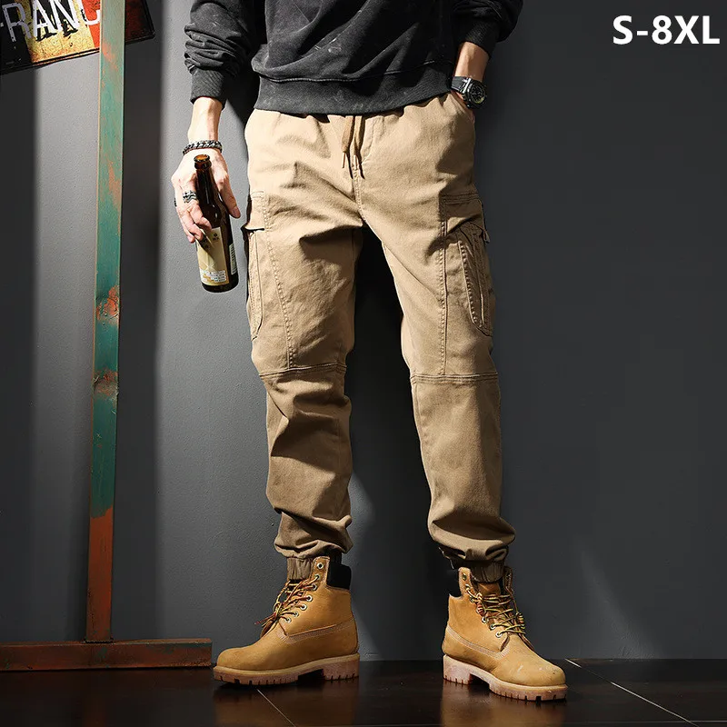 Jogger Sweatpants Men - ルーズカーゴジョガー綿スウェットパンツ黒カーキプラスサイズ 5XL 6XL 8XL サファリズボンオーバーサイズ足首までの長さの男の子ハーレム服