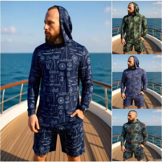 Military Shirt Men - 2026年新作迷彩柄ユニセックスフード付きツーピースセット長袖シャツショーツ通気性ルーズサマービーチストリートウェアカジュアルW