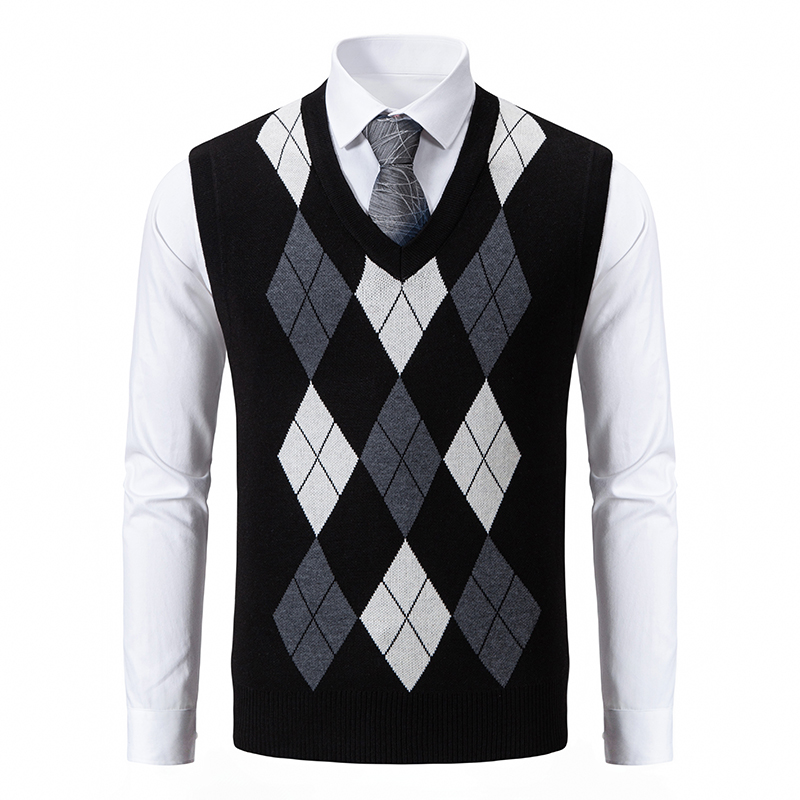 Men'S Fashion Zip Sweater - メンズソフトセーターベスト春秋ノースリーブニットプルオーバー夫お父さんファッションニットベストブラックグレーチェック柄 S-2XL