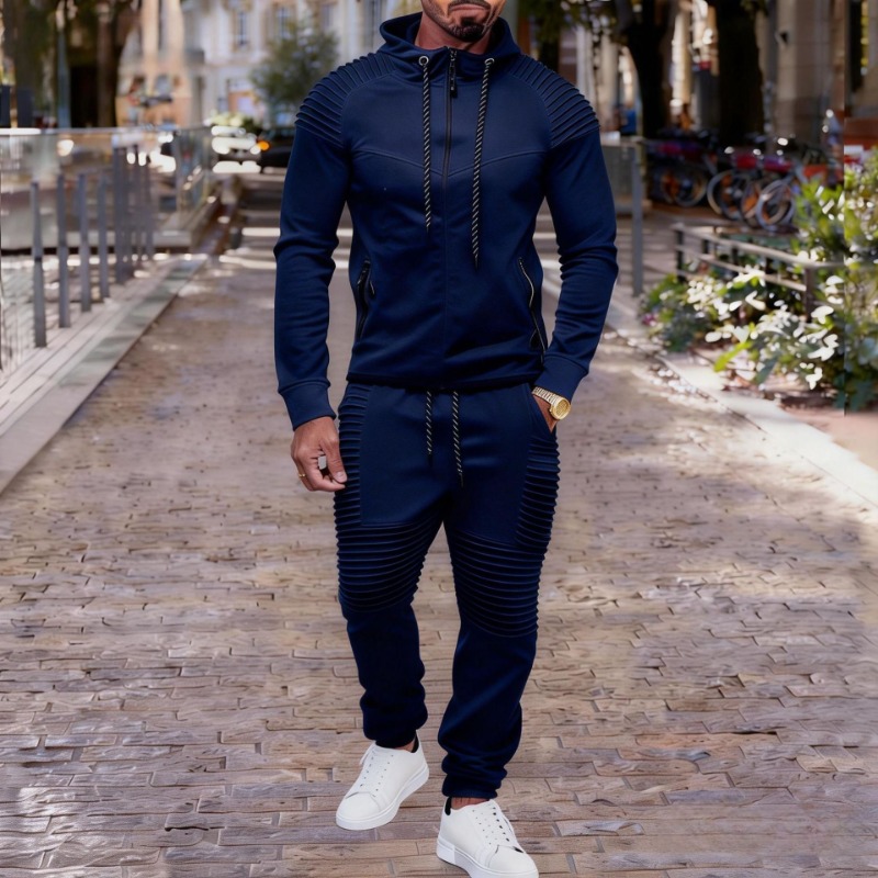 Jogger Sweatpants Men - メンズプリーツディテールフルジップフーディートラックスーツ上下セットカジュアルジョガースウェットパンツアウトフィット