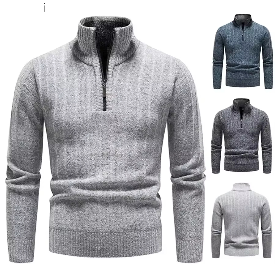 Men'S Fashion Zip Sweater - 新しいメンズ暖かいセーターファッションハーフジップニットウェアプルオーバー冬厚いフリース固体サーマルニットセーター男性用