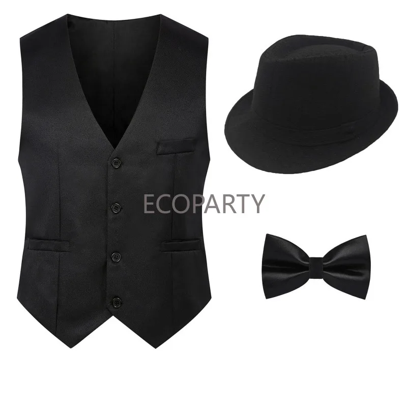 Mens Fashion In The 1920S - ギャツビー-男性用のギャングスターベスト,フェドーラ帽子,蝶ネクタイ,ハロウィーンの衣装セット,コスプレ衣装,20年代のファッションアクセサリー,1920