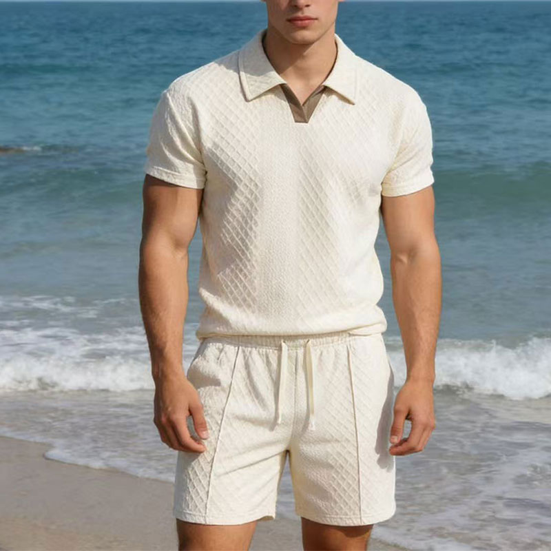 Men'S Fashion Videos - 2026年夏100kgメンズスーツ無地ワッフルラペルスリムフィットカジュアルファッションジップアップ半袖シャツスーツショーツプルオーバーセット