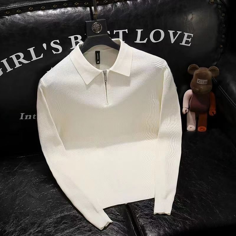 メンズスタイリッシュなジッパーデザインニットポロシャツ長袖カ - Men'S Fashion Zip Sweater のレビューと価格