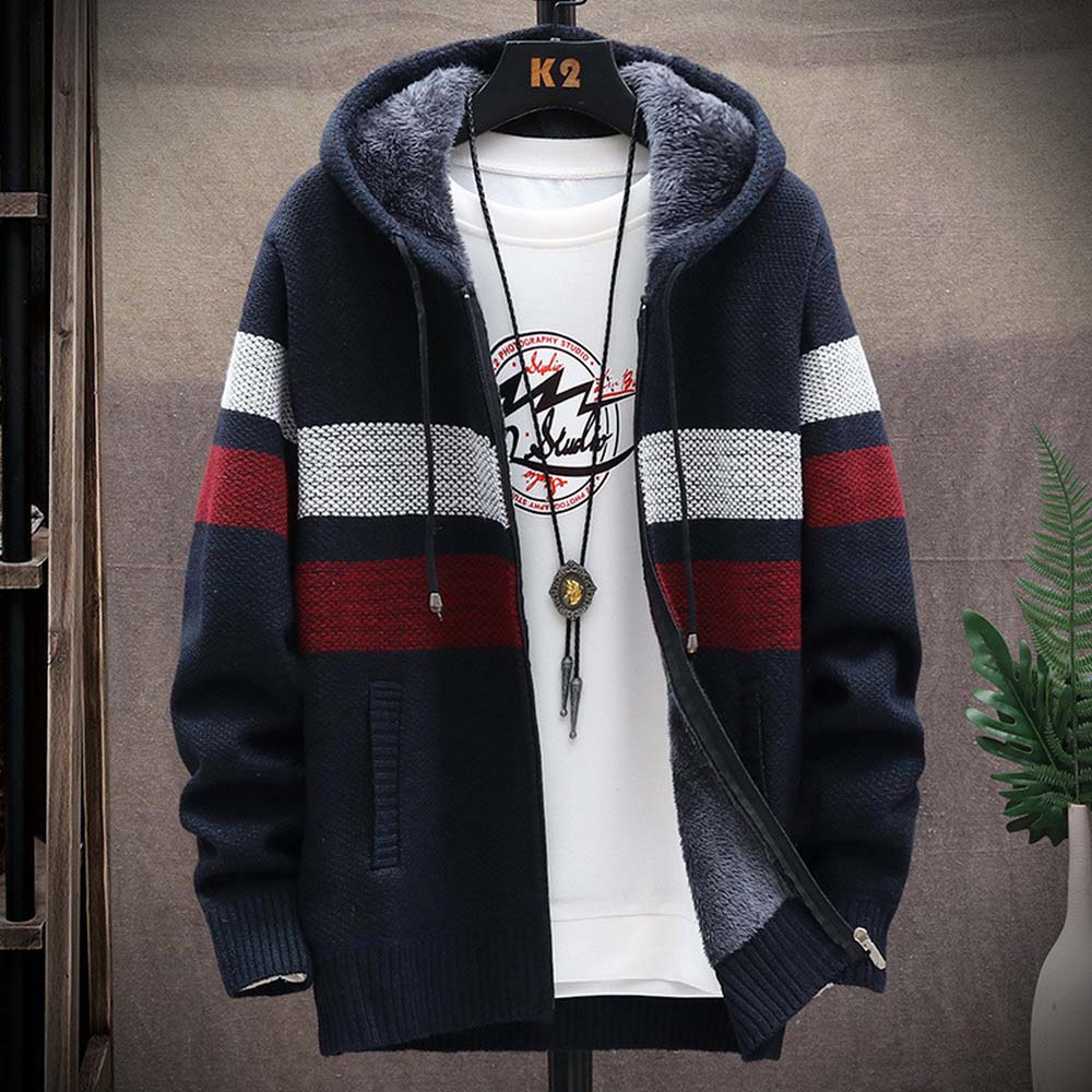 メンズストライプセーターコート厚いフリース暖かいジッパーウー - Men'S Fashion Zip Sweater のレビューと価格