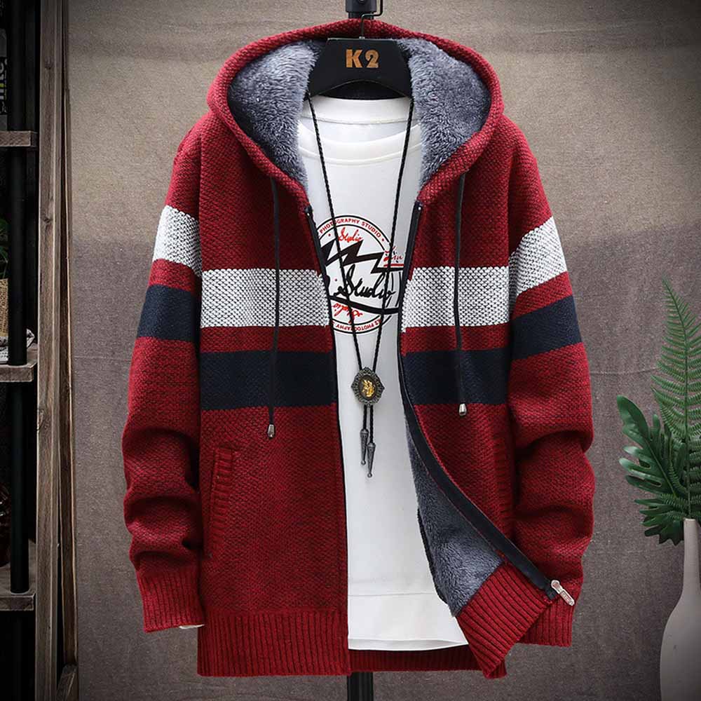 メンズストライプセーターコート厚いフリース暖かいジッパーウー - Men'S Fashion Zip Sweater のレビューと価格