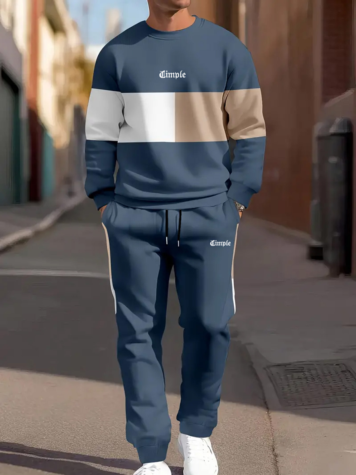 メンズカジュアルツーピースセット、ネイビーブルー、ホワイト、 - Jogger Sweatpants Men のレビューと価格