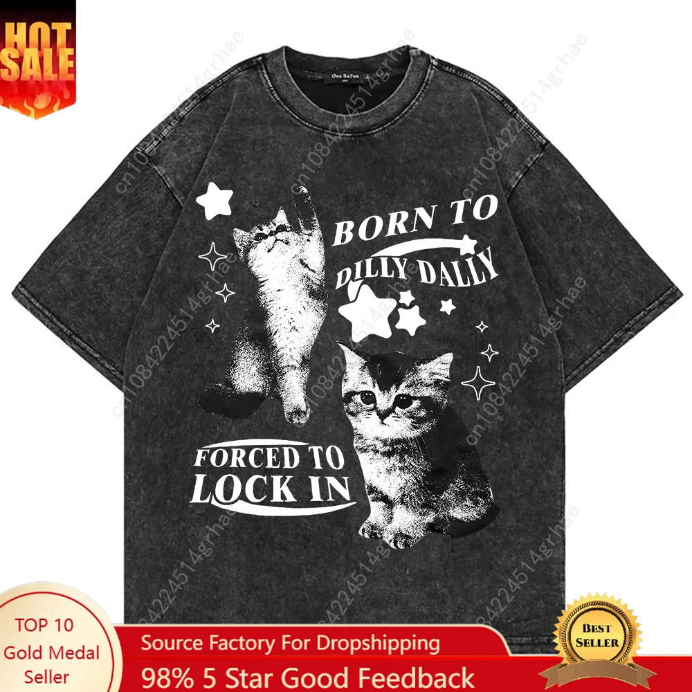 100% コットンヴィンテージウォッシュ Y2k 面白い猫ミ - Graphic Tee Oversized のレビューと価格