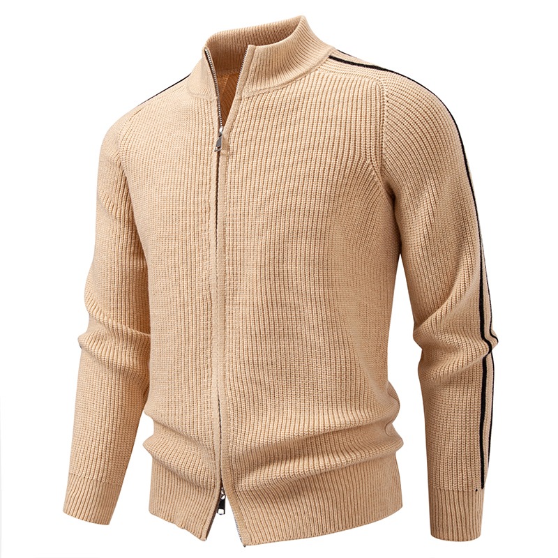 メンズカーキワッフルニットフルジップスタンドカラーカーディガ - Men'S Fashion Zip Sweater のレビューと価格