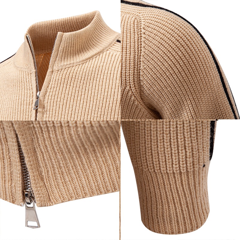 メンズカーキワッフルニットフルジップスタンドカラーカーディガ - Men'S Fashion Zip Sweater のレビューと価格
