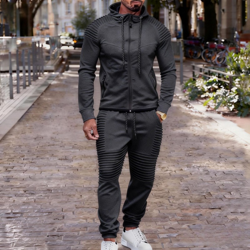 メンズプリーツディテールフルジップフーディートラックスーツ上 - Jogger Sweatpants Men のレビューと価格